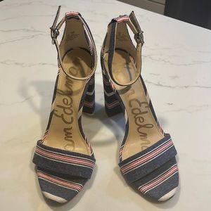 SAM EDELMAN “Yaro” block denim heels in red, white & blue. Size 7M. 😍
